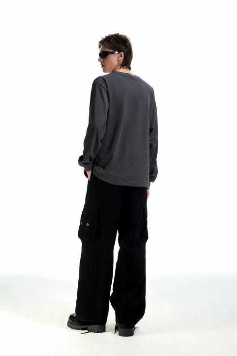 White Ink Printed Logo Long Sleeve Sweatshirt-Dark Grey