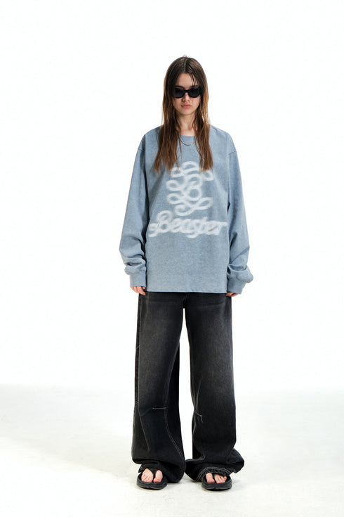 White Ink Printed Logo Long Sleeve Sweatshirt-Blue Grey