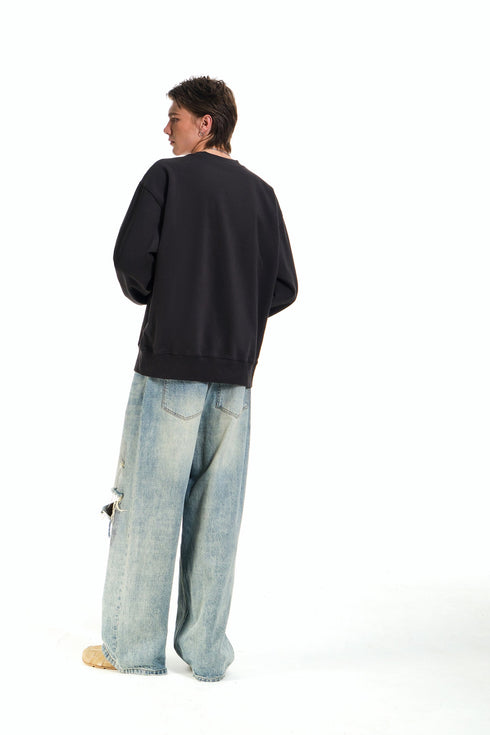 Embroidery Pattern Crew Neck Sweatshirt-Dark Grey