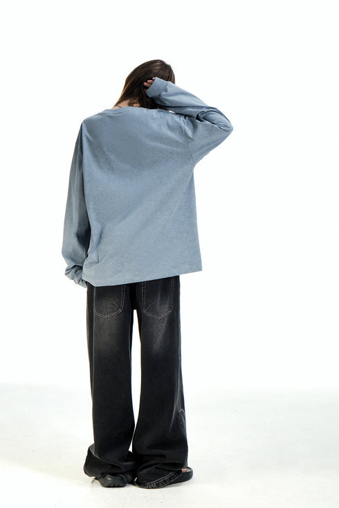 White Ink Printed Logo Long Sleeve Sweatshirt-Blue Grey