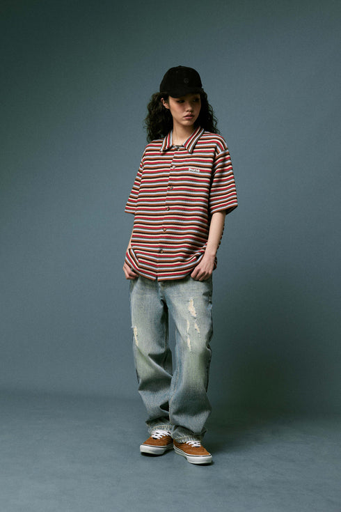 BEASTER Striped Button Knitted Retro Lazy Polo Shirt