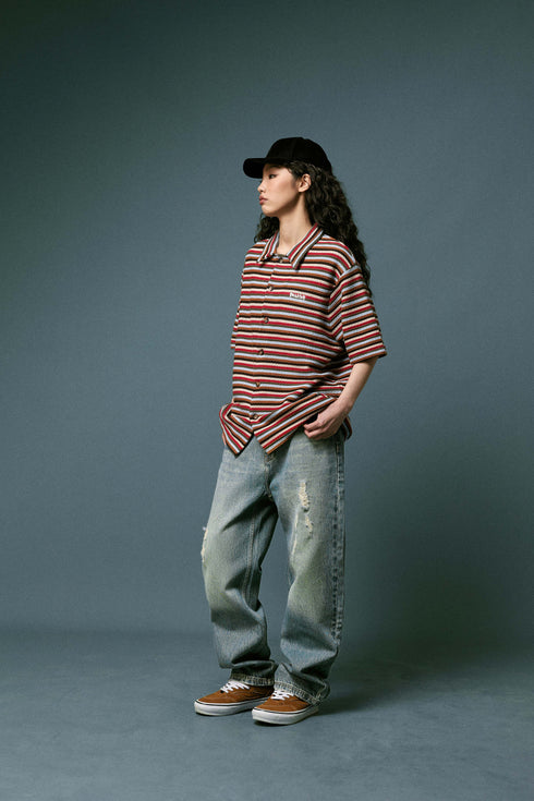 BEASTER Striped Button Knitted Retro Lazy Polo Shirt