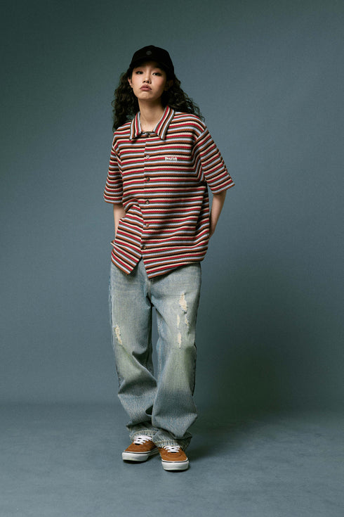 BEASTER Striped Button Knitted Retro Lazy Polo Shirt