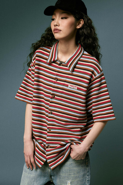 BEASTER Striped Button Knitted Retro Lazy Polo Shirt