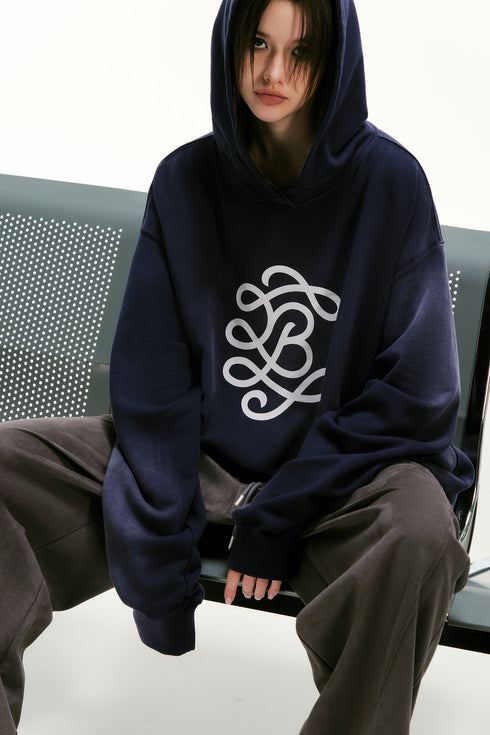 White Ink Printed Logo Long Sleeve Hoodie-Grey Blue