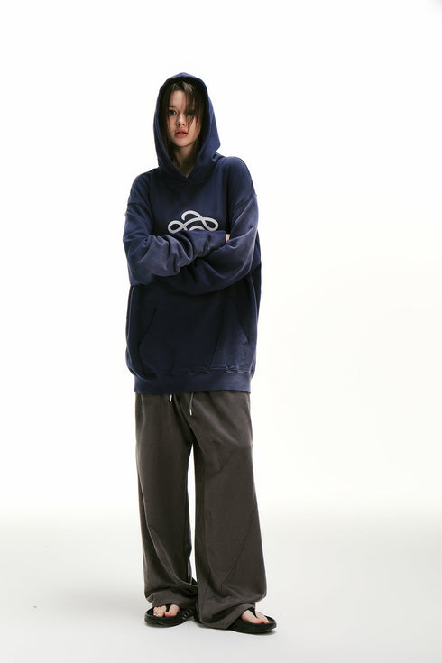 White Ink Printed Logo Long Sleeve Hoodie-Grey Blue