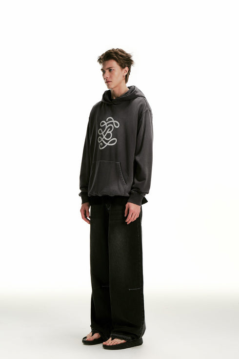 White Ink Printed Logo Long Sleeve Hoodie-Dark Grey