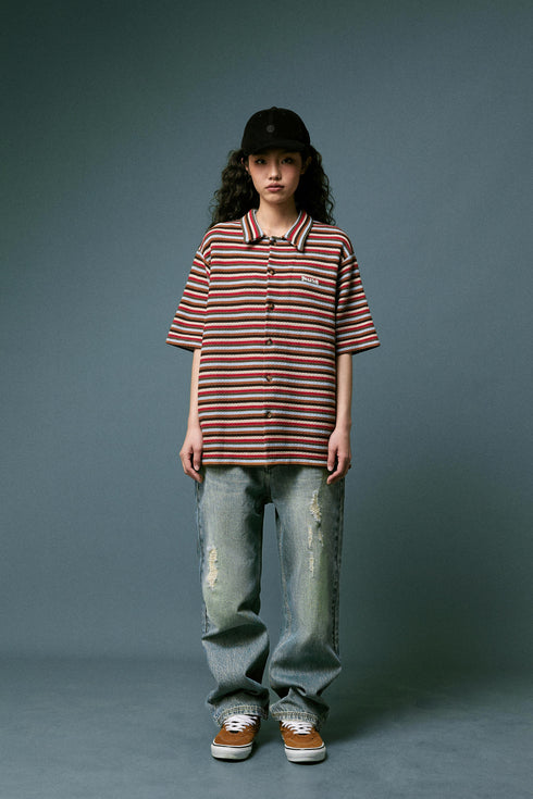 BEASTER Striped Button Knitted Retro Lazy Polo Shirt