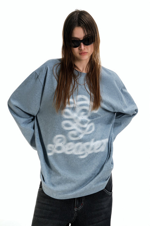 White Ink Printed Logo Long Sleeve Sweatshirt-Blue Grey